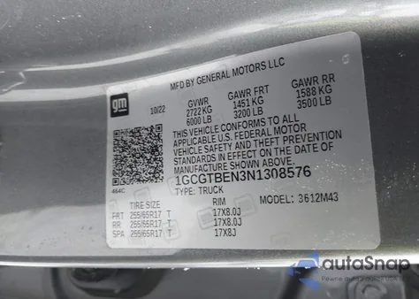 2022 Chevrolet Colorado 4Wd Short Box Wt z USA, uszkodzony, nr VIN 1GCGTBEN3N1308576